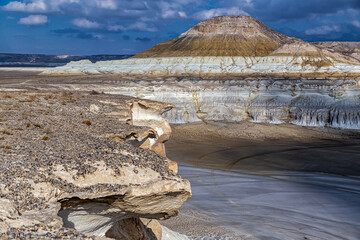 Kazakhstan, Mangistau, Mangyshlak, Tuzbair. Geological chalk formations. The process of destruction of the ancient Tethys Ocean. National heritage of the Kazakhs. Salt lake with a thin layer