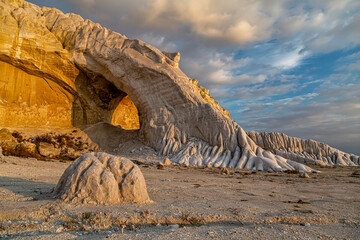 Kazakhstan, Mangistau, Mangyshlak, Tuzbair. Geological chalk formations. The process of destruction of the ancient Tethys Ocean. National heritage of the Kazakhs. Salt lake with a thin layer