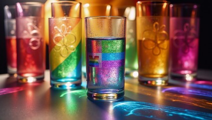 Fototapeta premium Rainbow-themed iridescent art featuring a colorful collage of rainbows made from glass and refracted light patterns celebrating LGBTQ Pride Month with themes of confidence coming out and freedom