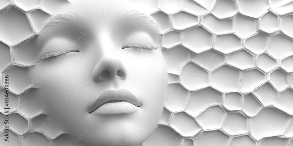 Poster Serene White Face Embedded in Hexagonal Pattern
