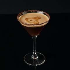Refined glass serves an elegant espresso martini on a sleek black background