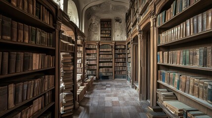 Obraz premium Dusty shelves line the corridor of a forgotten library, filled with aged books. Light filters through crumbling architecture, creating a mysterious atmosphere. Generative AI