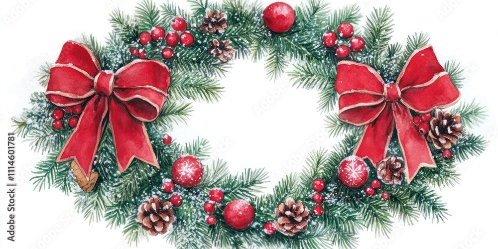 Poster Festive Watercolor Christmas Wreath with Red Bows and Ornaments