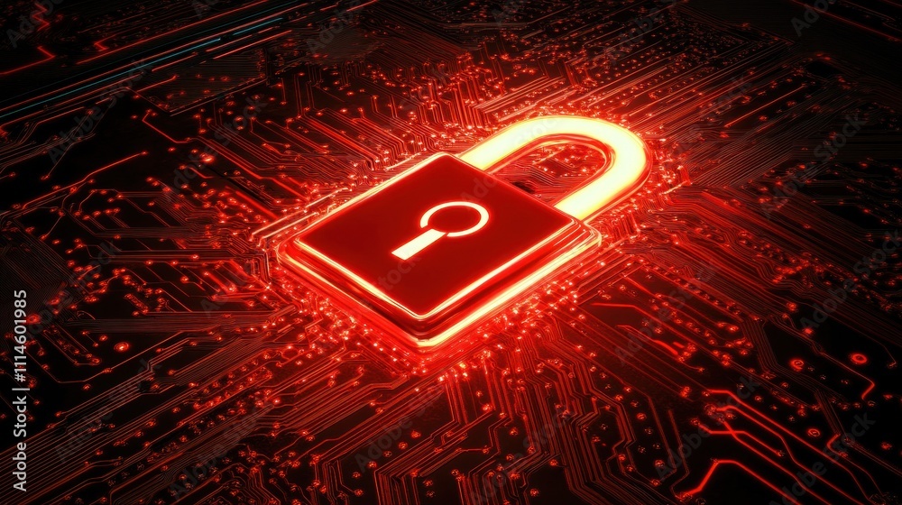 Poster glowing red padlock on circuit board represents digital security