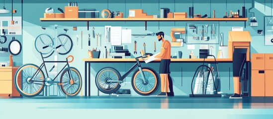 Man repairing bicycle in well-equipped workshop. (6)