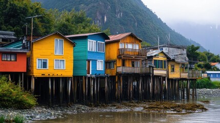Naklejka premium Colorful Stilt Houses on a Misty Day