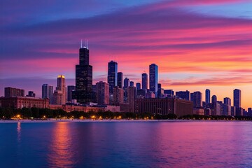 Obraz premium Chicago Sunset Skyline View Vibrant Cityscape Photography