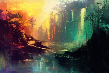 Fototapeta premium Abstract Painting Of A Mystical Forest River Scene