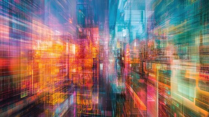 Abstract city at night, vibrant colors, motion blur, futuristic cityscape.