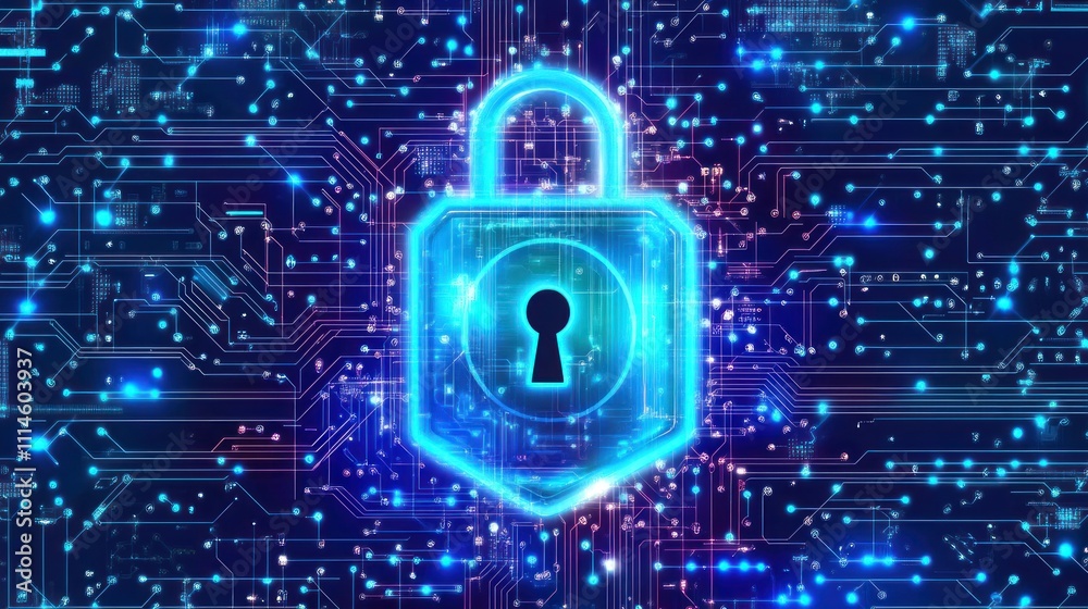 Poster digital cybersecurity padlock network protection system