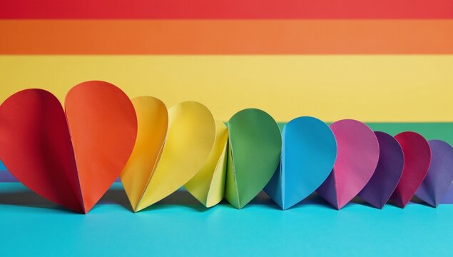 Celebratory Pride Day scene featuring colorful paper heart decorations before a gay pride flag backdrop