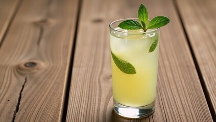 Refreshing lemon mint cocktail served on wooden table