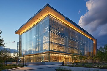 Obraz premium Modern Glass Building Illuminated At Dusk