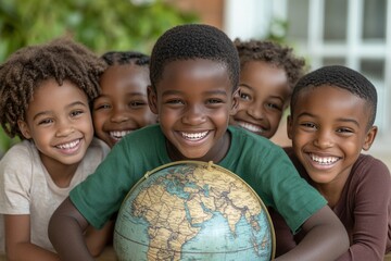 Five cheerful kids are gathering around a world globe, showing their enthusiasm for learning about different countries and cultures