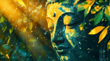 Serene Buddha statue illustration capturing mystical vibes and a meditative atmosphere, ideal for spiritual art and decor themes.