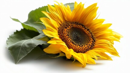 Obraz premium Beautiful close-up of a vibrant sunflower with bright yellow petals and rich brown center, showcasing intricate patterns and lush green leaves, perfect for nature-themed projects.