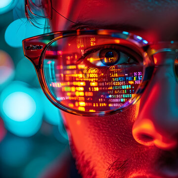 Computer code reflection on eye glasses Cyber Information Data Software Hacker Security Technology Bokeh Backdrop