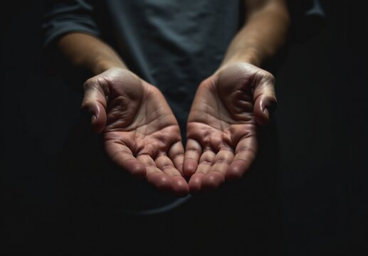 Open Hands Extended in Offering Against a Dark Background