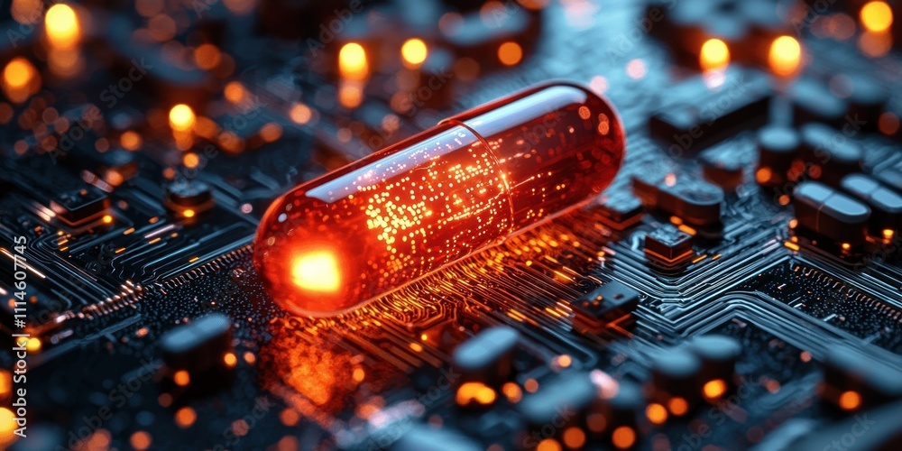 Poster Illuminated Capsule on a Circuit Board Showing Digital Data