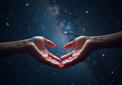 Hands reaching out to each other under a starry sky