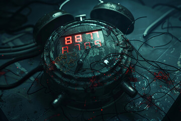 A detailed view of a bomb timer showing the countdown at 887 seconds, surrounded by tangled wires and debris in a shadowy environment