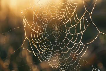Tiny droplets of dew cling to a delicate spider web in a sunlit meadow, illuminated by the soft light of dawn, showcasing nature's artistry in detail