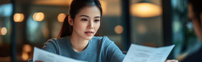 Business Asian woman sits at her desk, writing notes in a notebook, deep in thought as she plans her next business strategy