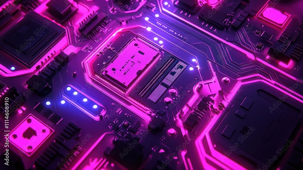 Poster illuminated computer motherboard circuitry closeup