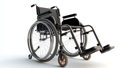 Realistic 3D Render of Modern Wheelchair Designed for Comfort and Mobility with Adjustable Footrests, Sleek Black Frame, and Durable Wheels for Easy Navigation