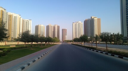 Obraz premium Modern city street lined with tall residential buildings