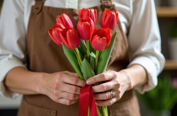 Hands of Asian florist girl collecting bouquet of red tulips with red ribbon, blurred florist shop in background