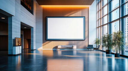 Fototapeta premium Empty advertising billboard frame on wall in office lobby copy space for mock up design template. Peculiar AI generative image.