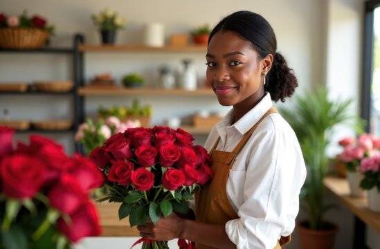 African American florist girl smiling with bouquet of red roses with red ribbon, florist shop in background