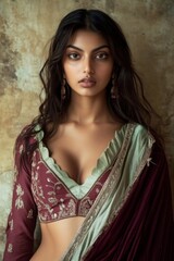 Fototapeta premium Elegant woman in traditional burgundy and gold attire against textured background