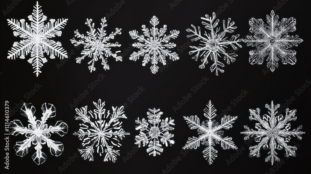 Poster twelve unique snowflakes displayed against a dark background