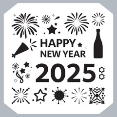 Fototapeta premium Happy New Year logo text design and collection of Happy New Year symbols Vector Style Icons collection silhouette