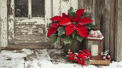 A rustic porch scene featuring a poinsettia plant, a vintage lantern, and snow-dusted decor