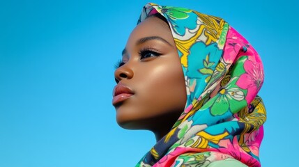 Naklejka premium Vibrant floral headscarf against a bright blue sky