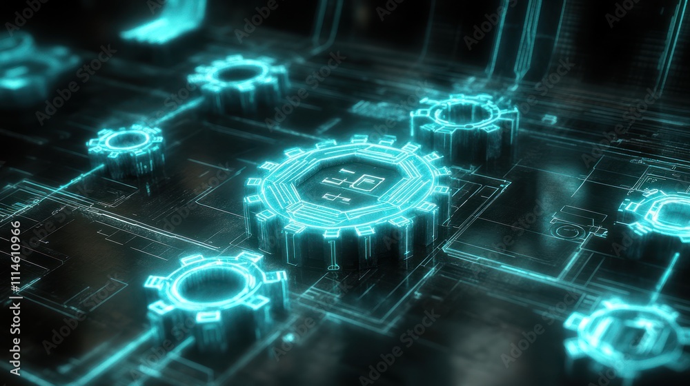 Poster glowing teal gears on a futuristic circuit board