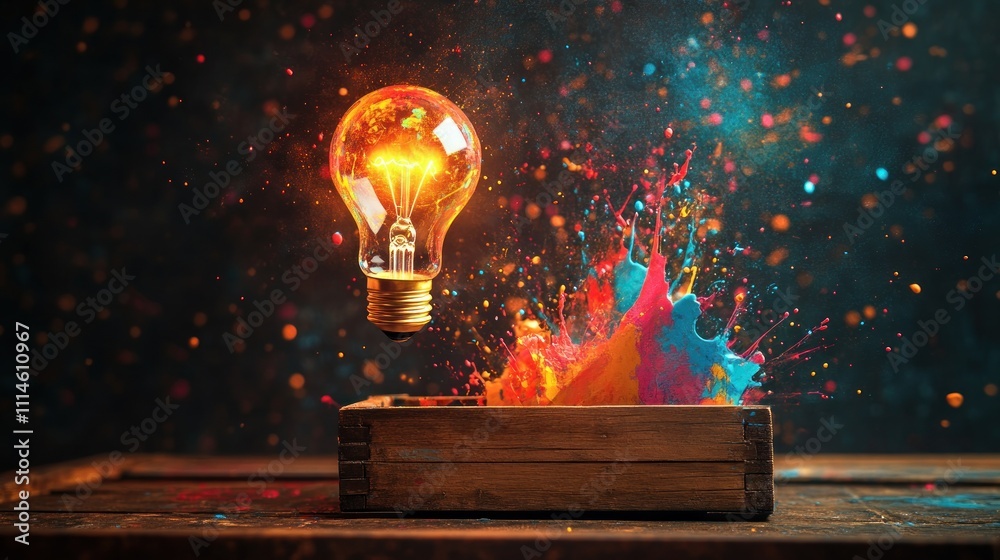 Poster illuminated bulb exploding colorful paint splashes