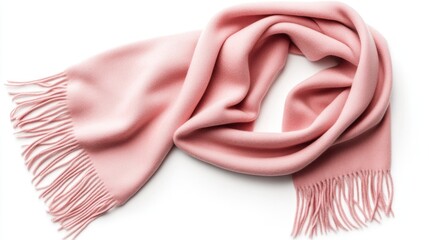 Cozy pink scarf with fringes on white background