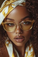 Fototapeta premium Stylish woman with curly hair and glasses wearing a yellow scarf
