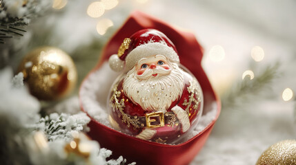 Obraz premium A vintage Santa ornament with gold accents sits in a transparent gift box with a red ribbon, surrounded by faux snow and gold stars against a soft white background.