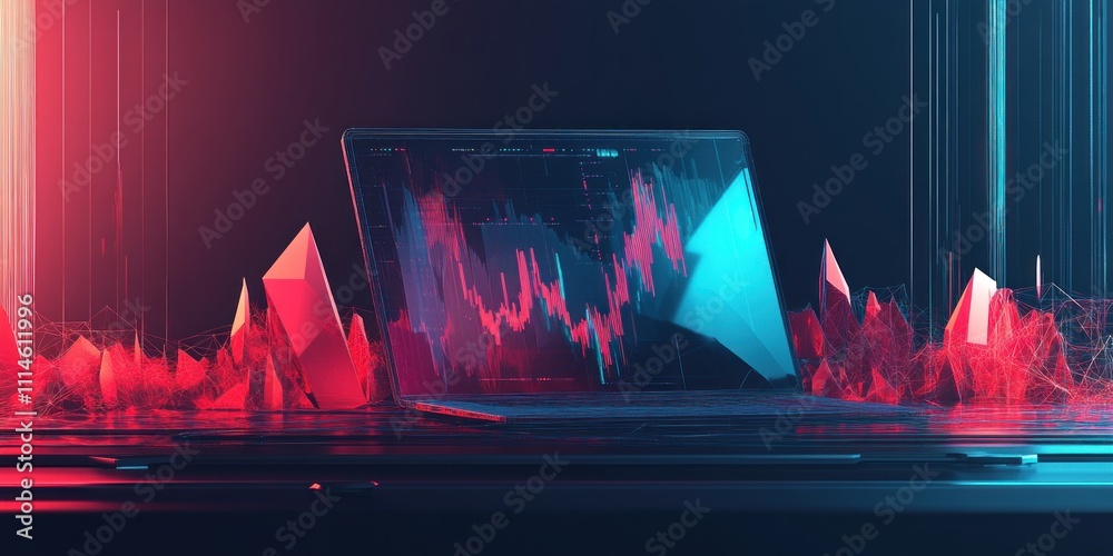 Poster Laptop Displaying Stock Market Data In A Futuristic Setting