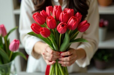 Hands of Asian florist girl collecting bouquet of red tulips with red ribbon, blurred florist shop in background