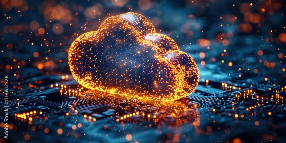 Poster luminous cloud data hovers over circuit board