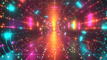 Neon Lights Party. Futuristic digital tunnel with glowing neon lights and colorful particles, abstract technology background for sci-fi presentations, virtual reality themes, party invitations, and e