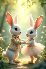 Obraz premium Two adorable white rabbits, one dressed in a suit and the other in a tutu, holding hands in a beautiful garden