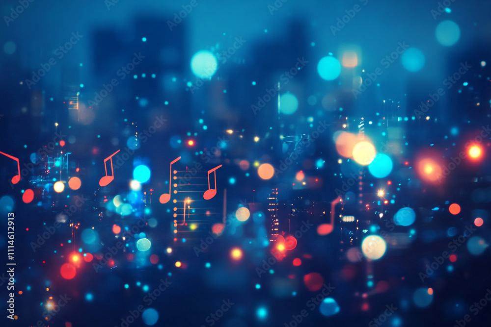 Poster vibrant music notes floating over a blurred city skyline at night creating a lively atmosphere