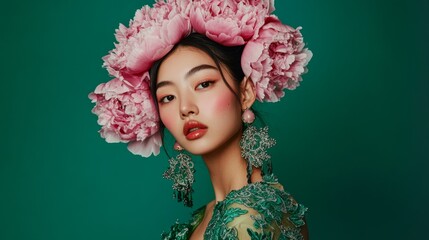 Elegant woman with floral headpiece and intricate earrings against a green background